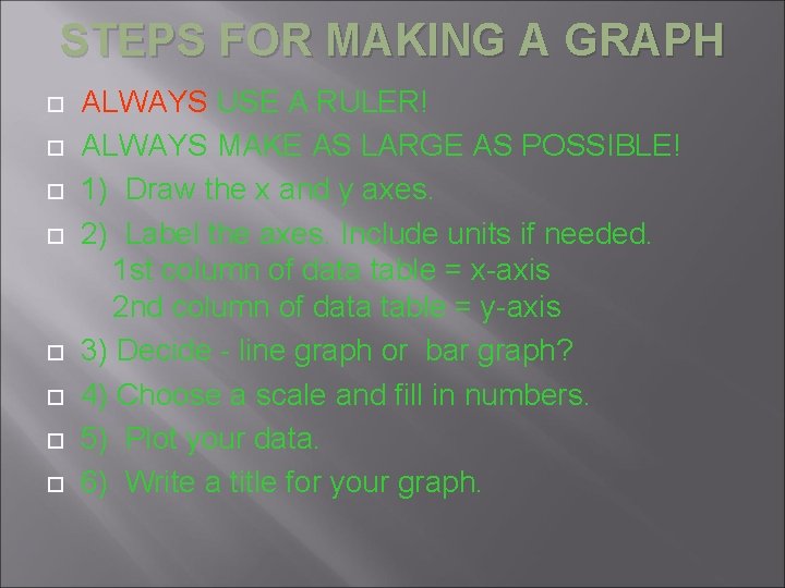 STEPS FOR MAKING A GRAPH ALWAYS USE A RULER! ALWAYS MAKE AS LARGE AS