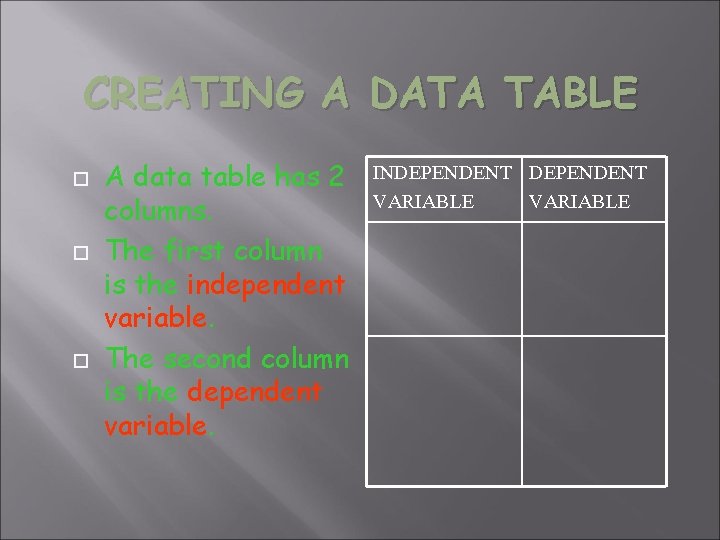 CREATING A DATA TABLE A data table has 2 columns. The first column is