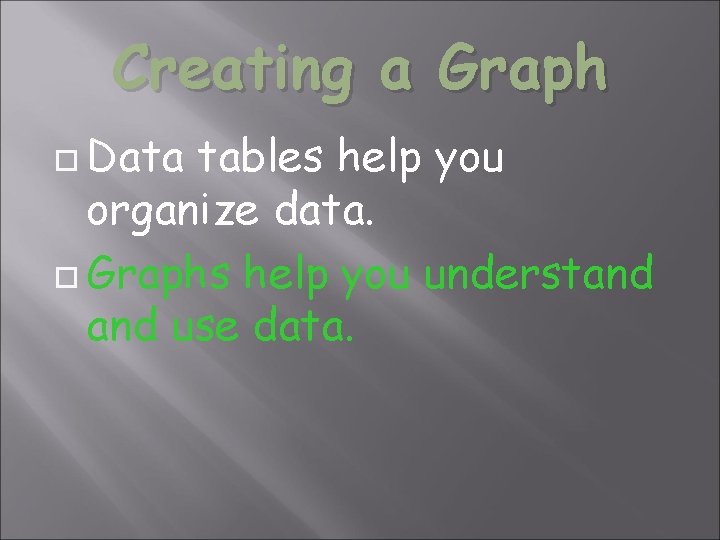 Creating a Graph Data tables help you organize data. Graphs help you understand use