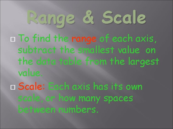 Range & Scale To find the range of each axis, subtract the smallest value