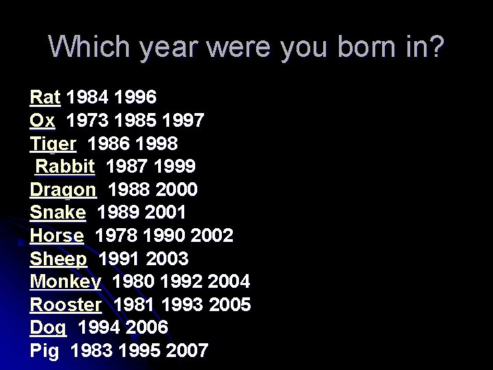 Which year were you born in? Rat 1984 1996 Ox 1973 1985 1997 Tiger