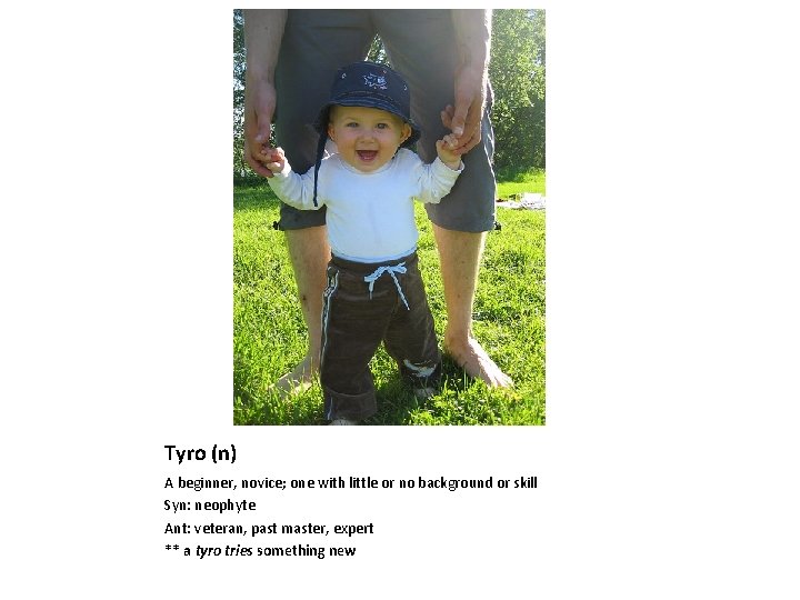 Tyro (n) A beginner, novice; one with little or no background or skill Syn: