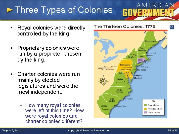 Three Types of Colonies • Royal colonies were directly controlled by the king. •