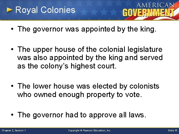 Royal Colonies • The governor was appointed by the king. • The upper house