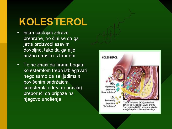 KOLESTEROL • bitan sastojak zdrave prehrane, no čini se da ga jetra proizvodi sasvim