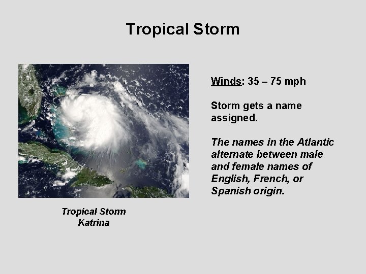 Tropical Storm Winds: 35 – 75 mph Storm gets a name assigned. The names