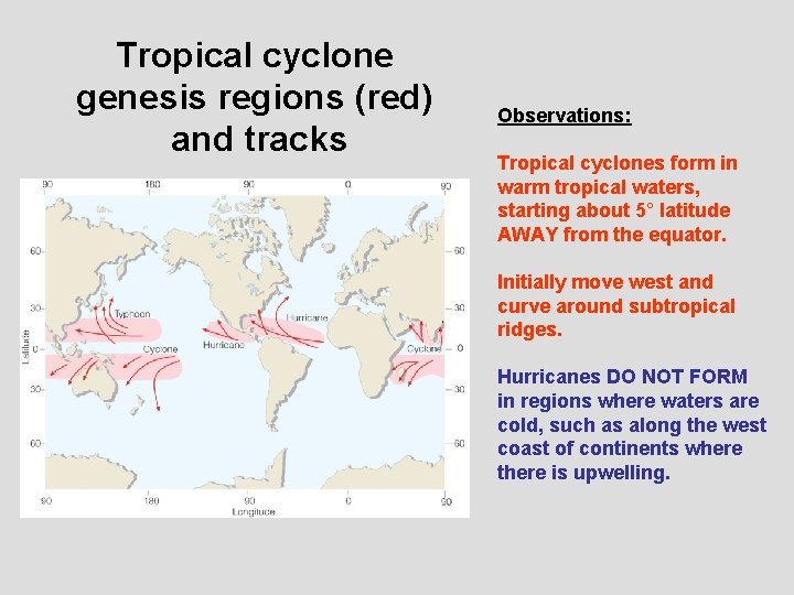 Tropical cyclone genesis regions (red) and tracks Observations: Tropical cyclones form in warm tropical