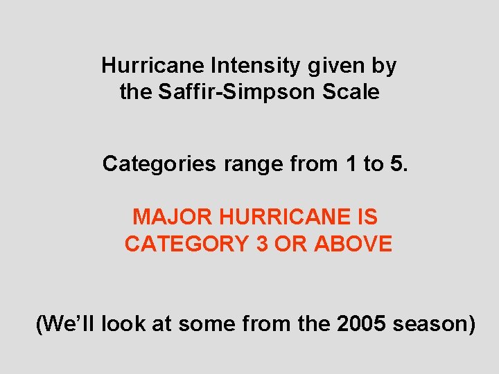 Hurricane Intensity given by the Saffir-Simpson Scale Categories range from 1 to 5. MAJOR