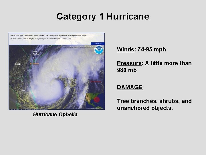 Category 1 Hurricane Winds: 74 -95 mph Pressure: A little more than 980 mb