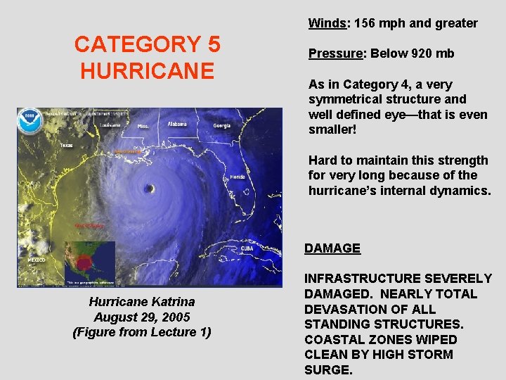 Winds: 156 mph and greater CATEGORY 5 HURRICANE Pressure: Below 920 mb As in