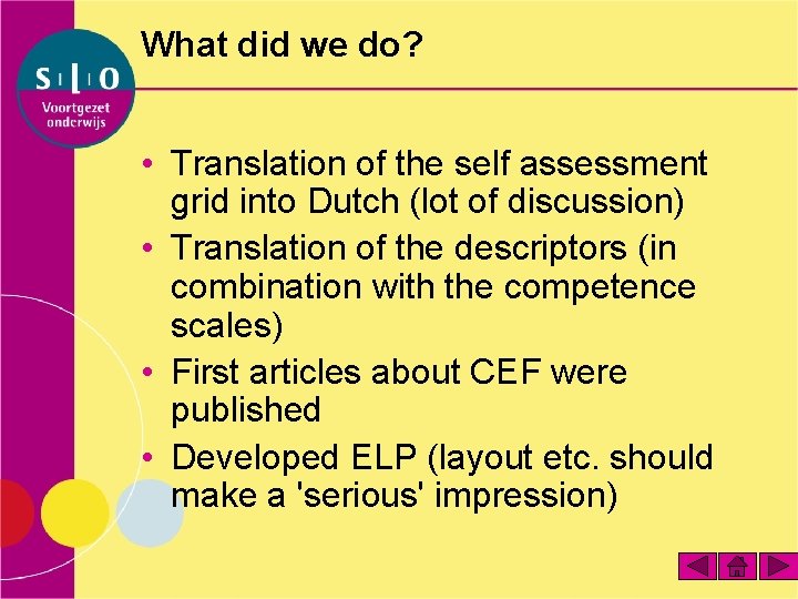 What did we do? • Translation of the self assessment grid into Dutch (lot