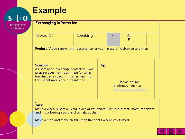 Example Exchanging information Niveau A 1 Speaking 100 All FL Product: Video report with