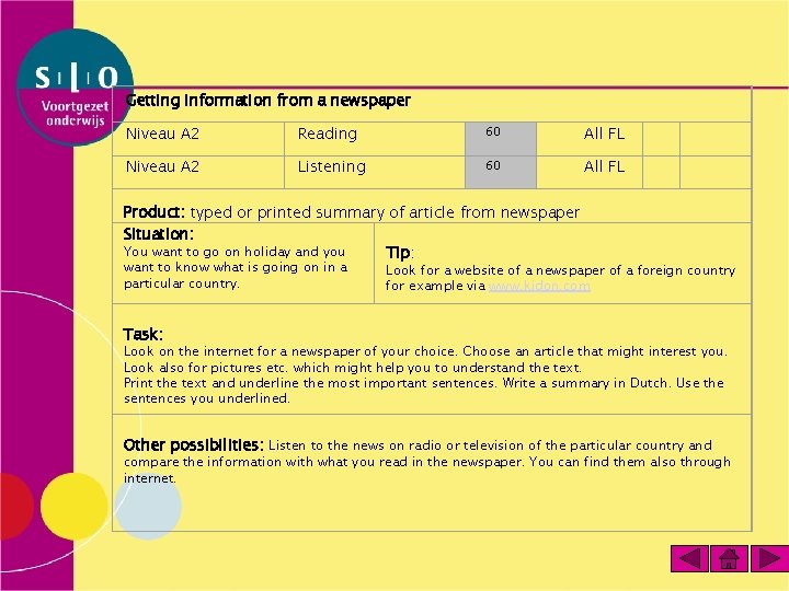 Getting information from a newspaper Niveau A 2 Reading 60 All FL Niveau A