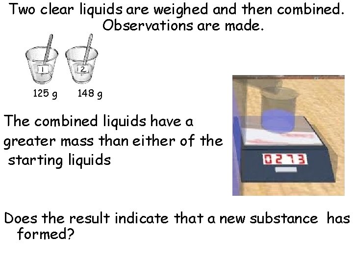 Two clear liquids are weighed and then combined. Observations are made. 125 g 148