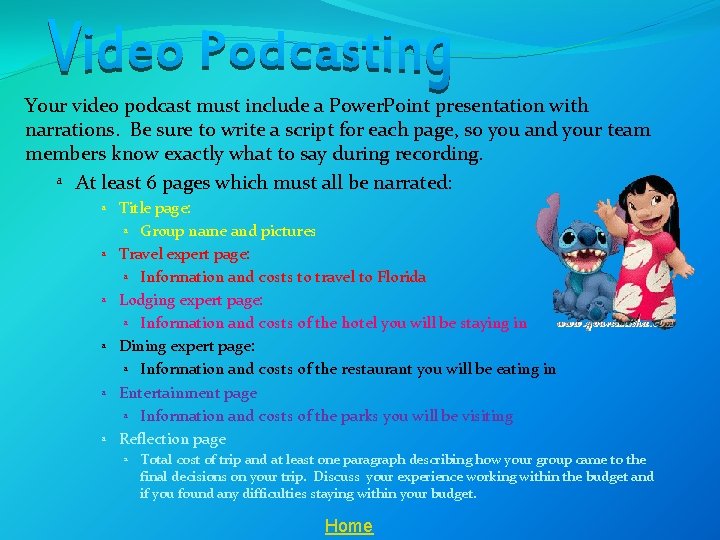 Your video podcast must include a Power. Point presentation with narrations. Be sure to