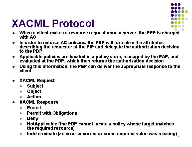 XACML Protocol l l l When a client makes a resource request upon a