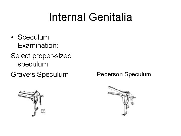 Internal Genitalia • Speculum Examination: Select proper-sized speculum Grave’s Speculum Pederson Speculum 