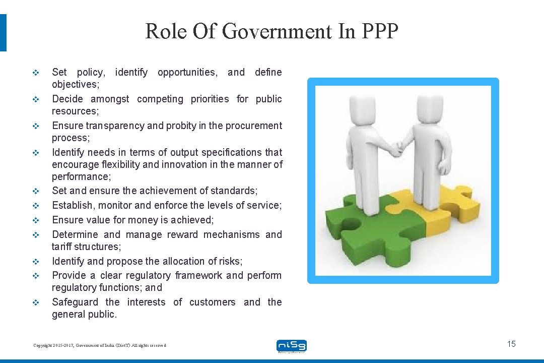 Role Of Government In PPP v v v Set policy, identify opportunities, and define