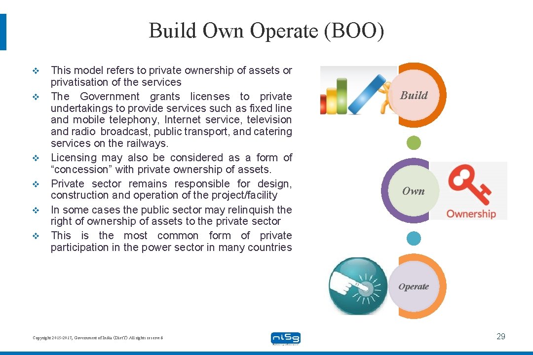 Build Own Operate (BOO) v v v This model refers to private ownership of
