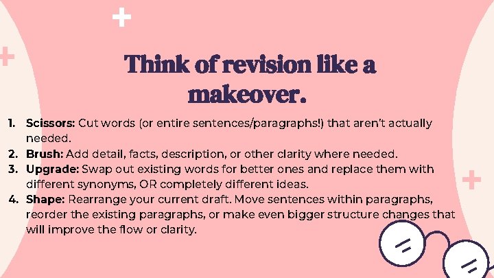 Think of revision like a makeover. 1. Scissors: Cut words (or entire sentences/paragraphs!) that