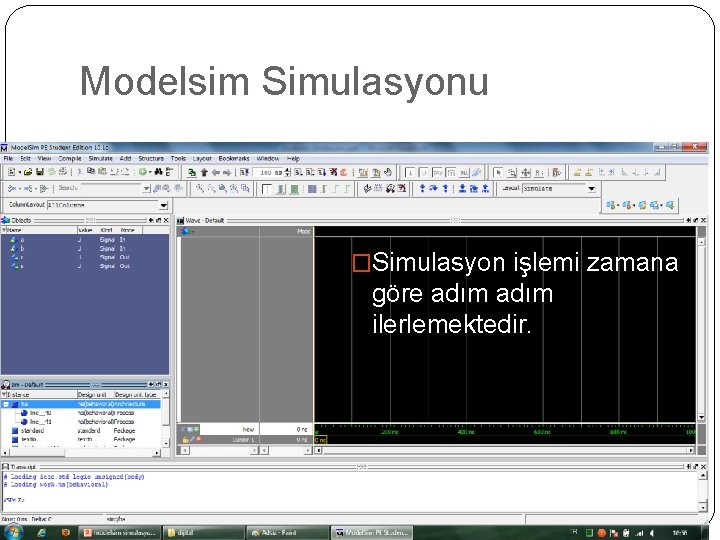 Modelsim Simulasyonu �Simulasyon işlemi zamana göre adım ilerlemektedir. 
