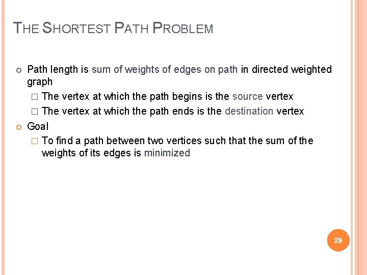 THE SHORTEST PATH PROBLEM Path length is sum of weights of edges on path