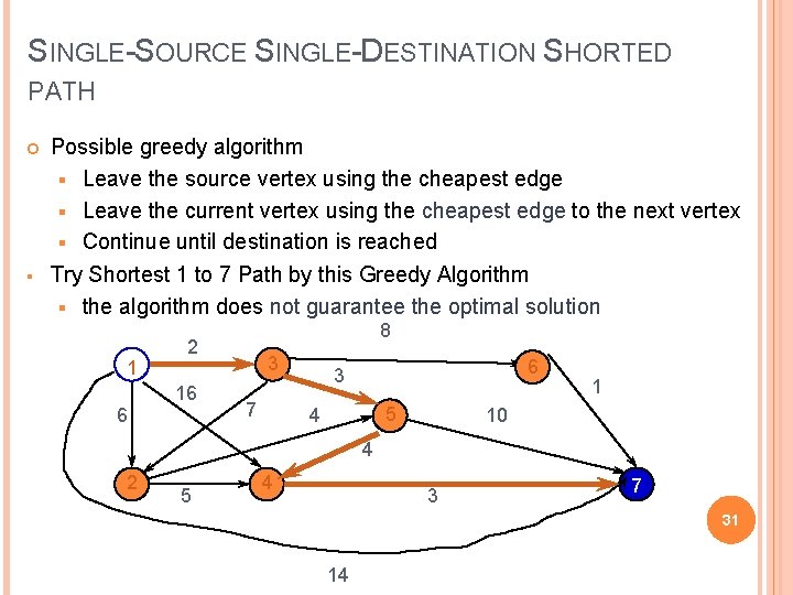 SINGLE-SOURCE SINGLE-DESTINATION SHORTED PATH § Possible greedy algorithm § Leave the source vertex using
