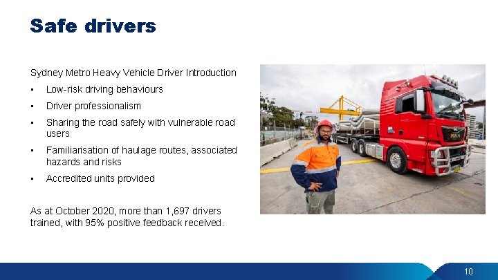 Safe drivers Sydney Metro Heavy Vehicle Driver Introduction • Low-risk driving behaviours • Driver