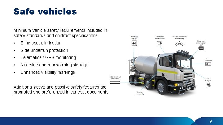 Safe vehicles Minimum vehicle safety requirements included in safety standards and contract specifications •