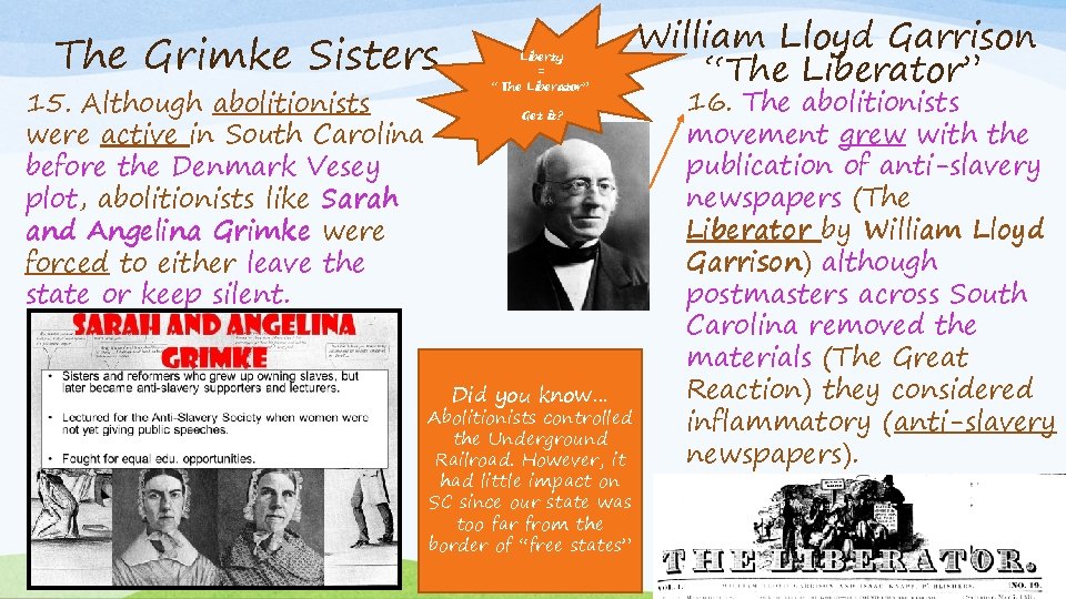 The Grimke Sisters 15. Although abolitionists were active in South Carolina before the Denmark