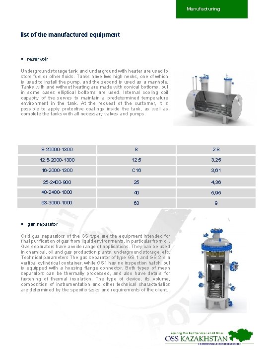 Manufacturing list of the manufactured equipment § reservoir Underground storage tank and underground with