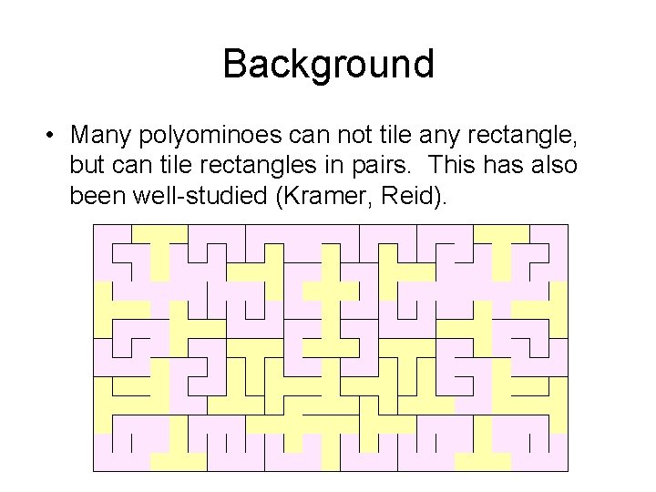 Background • Many polyominoes can not tile any rectangle, but can tile rectangles in Background • Many polyominoes can not tile any rectangle, but can tile rectangles in