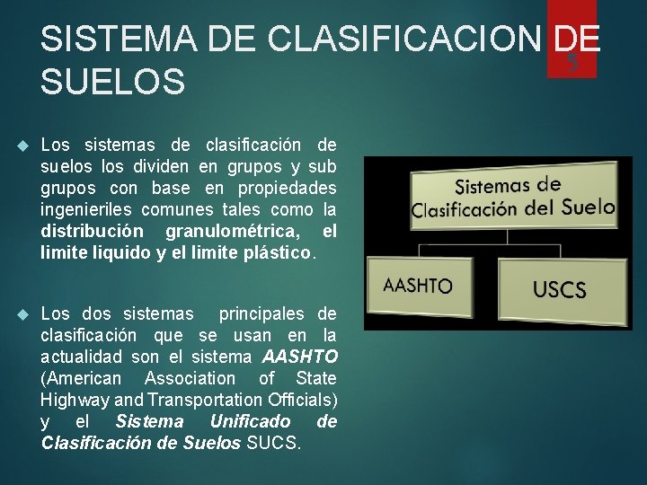 SISTEMA DE CLASIFICACION DE 5 SUELOS Los sistemas de clasificación de suelos dividen en