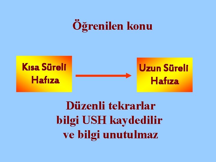 Öğrenilen konu Kısa Süreli Hafıza Uzun Süreli Hafıza Düzenli tekrarlar bilgi USH kaydedilir ve