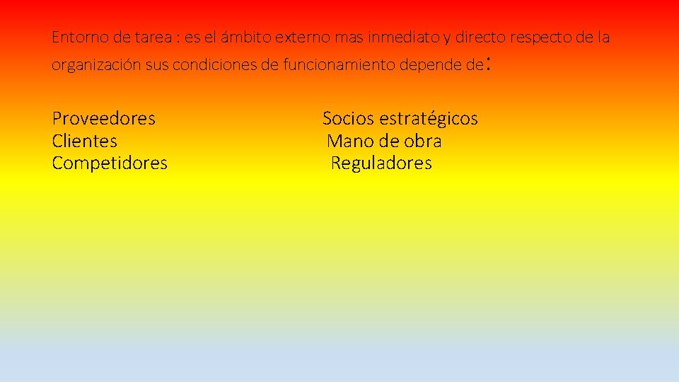 Entorno de tarea : es el ámbito externo mas inmediato y directo respecto de