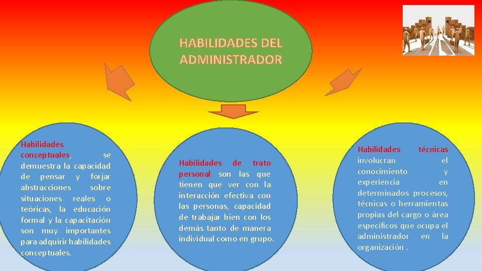 HABILIDADES DEL ADMINISTRADOR Habilidades conceptuales, se demuestra la capacidad de pensar y forjar abstracciones