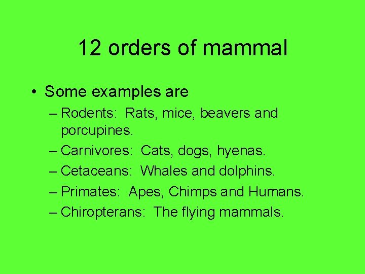 12 orders of mammal • Some examples are – Rodents: Rats, mice, beavers and