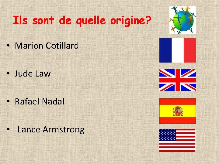 Ils sont de quelle origine? • Marion Cotillard • Jude Law • Rafael Nadal