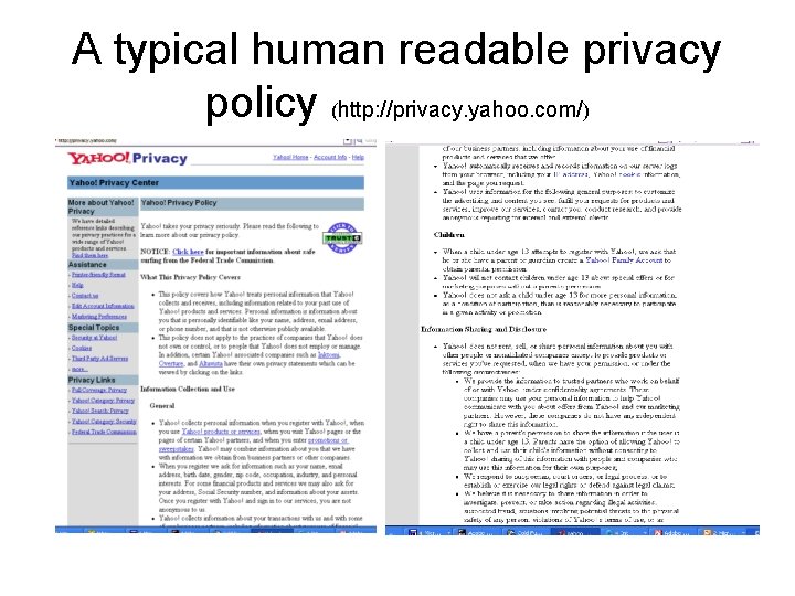 A typical human readable privacy policy (http: //privacy. yahoo. com/) A typical human readable privacy policy (http: //privacy. yahoo. com/)