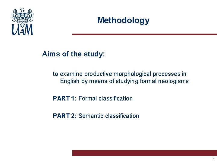 Methodology Aims of the study: to examine productive morphological processes in English by means