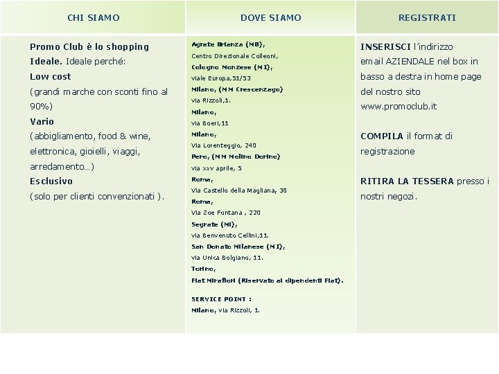 CHI SIAMO Promo Club è lo shopping Ideale perché: DOVE SIAMO Agrate Brianza (MB), CHI SIAMO Promo Club è lo shopping Ideale perché: DOVE SIAMO Agrate Brianza (MB),
