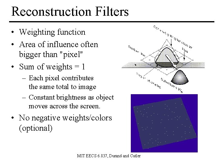 Reconstruction Filters • Weighting function • Area of influence often bigger than "pixel" •