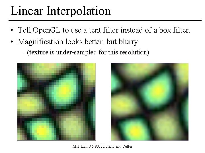 Linear Interpolation • Tell Open. GL to use a tent filter instead of a