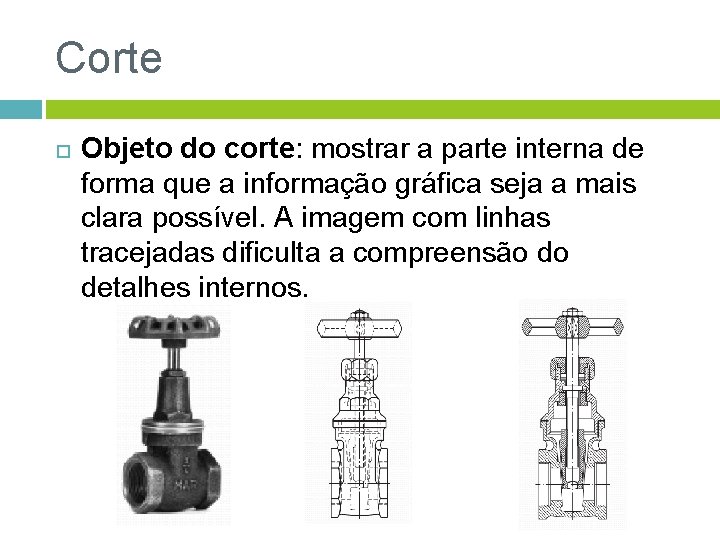 Corte Objeto do corte: mostrar a parte interna de forma que a informação gráfica