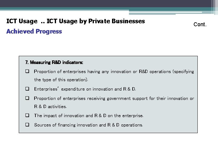 ICT Usage. . ICT Usage by Private Businesses Cont. Achieved Progress 7. Measuring R&D