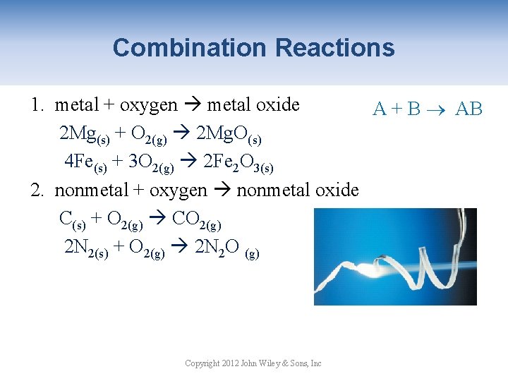 Combination Reactions 1. metal + oxygen metal oxide A + B AB 2 Mg(s)