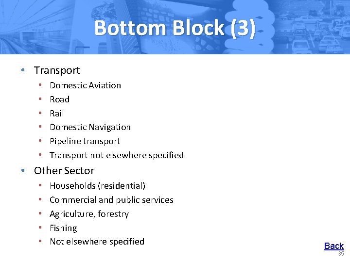 Bottom Block (3) • Transport • • • Domestic Aviation Road Rail Domestic Navigation