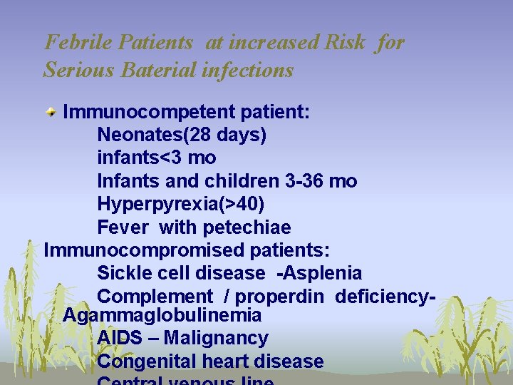 Febrile Patients at increased Risk for Serious Baterial infections Immunocompetent patient: Neonates(28 days) infants<3