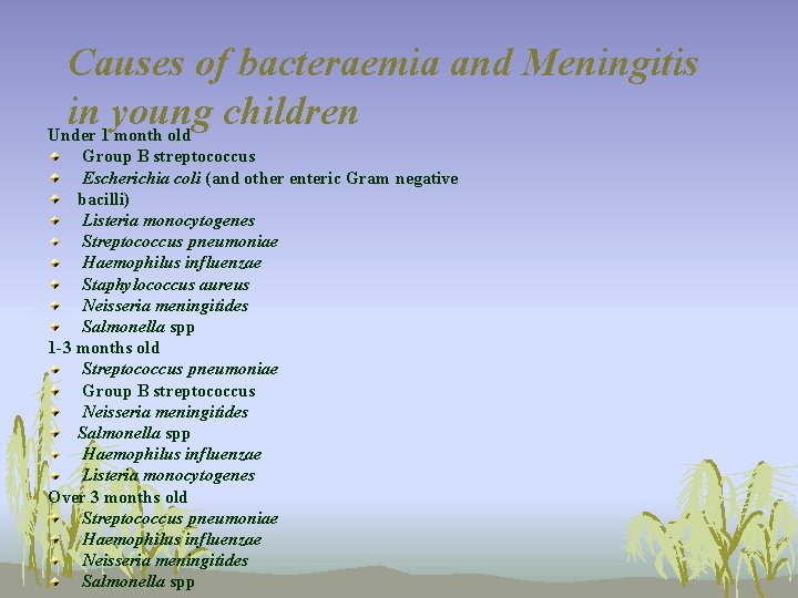 Causes of bacteraemia and Meningitis in young children Under 1 month old Group B