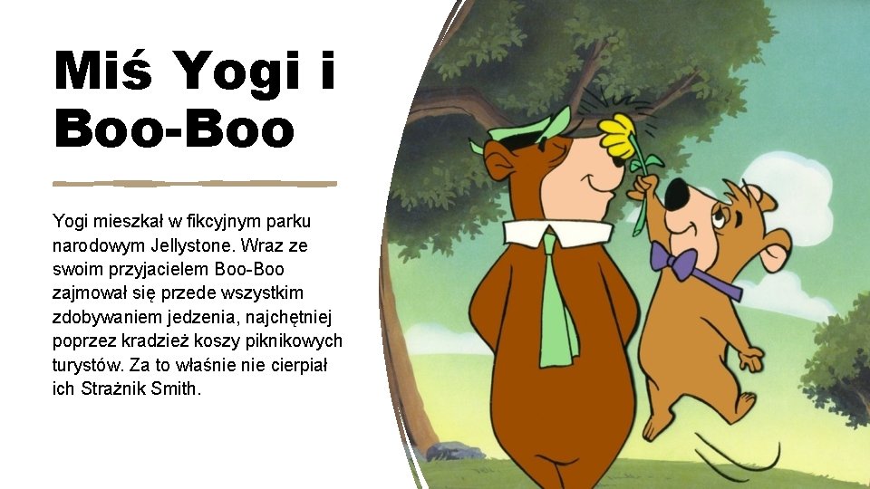 Miś Yogi i Boo-Boo Yogi mieszkał w fikcyjnym parku narodowym Jellystone. Wraz ze swoim